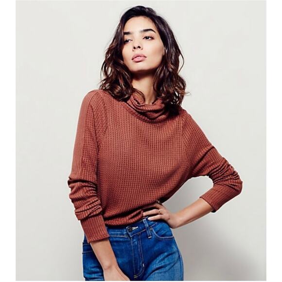 Free People We the Free Top Womens XS Rust Red Kristina Waffleknit Thermal Cowl - Picture 3 of 8